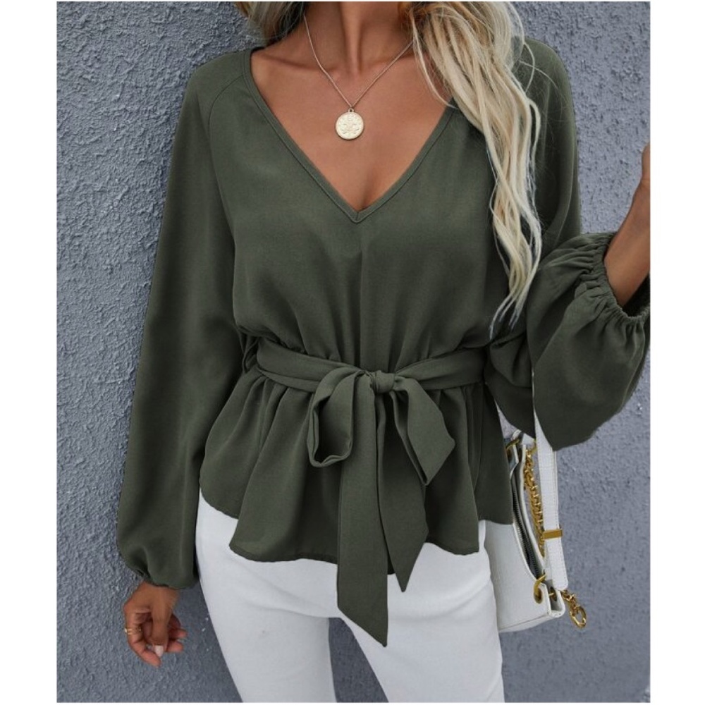 Solid v neck Long Sleeve Peplum Blouse - Picture 1 of 5